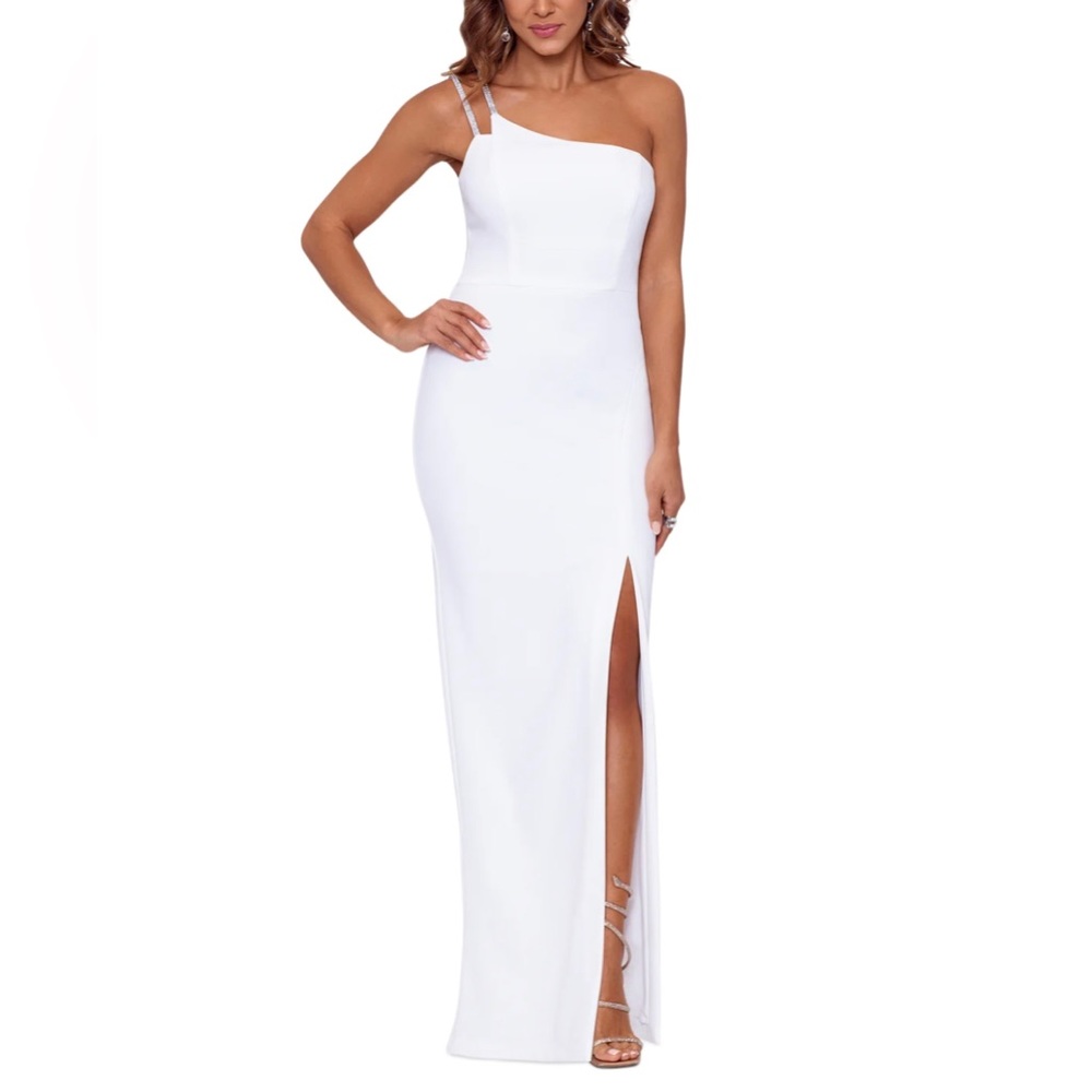 XSCAPE Women's One Shoulder Scuba Crepe Gown White Size 10 NWT